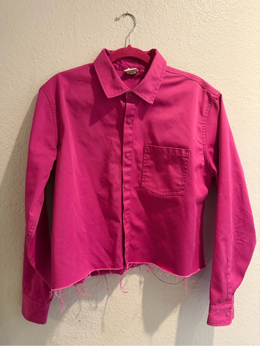 MC Overalls Fuschia Button-Up Crop Shirt with raw hem